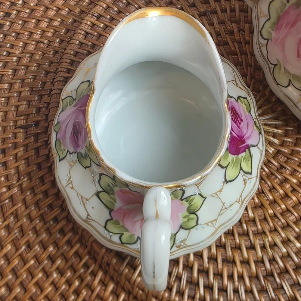 Antique 1890s Nippon Hand Painted Rose Porcelain Creamer & Sugar Bowl Set No Lid